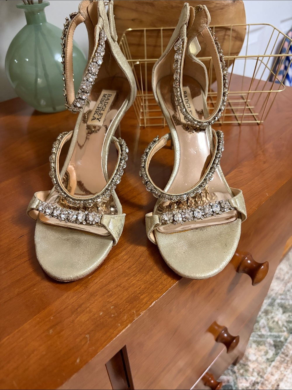 Badgley Mischka Champagne Gold Crystal-Strap Heels